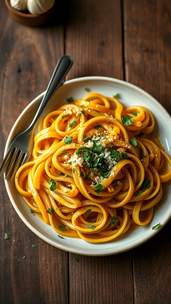 Delicious roasted garlic and herb pasta served with parsley and Parmesan on a rustic table.